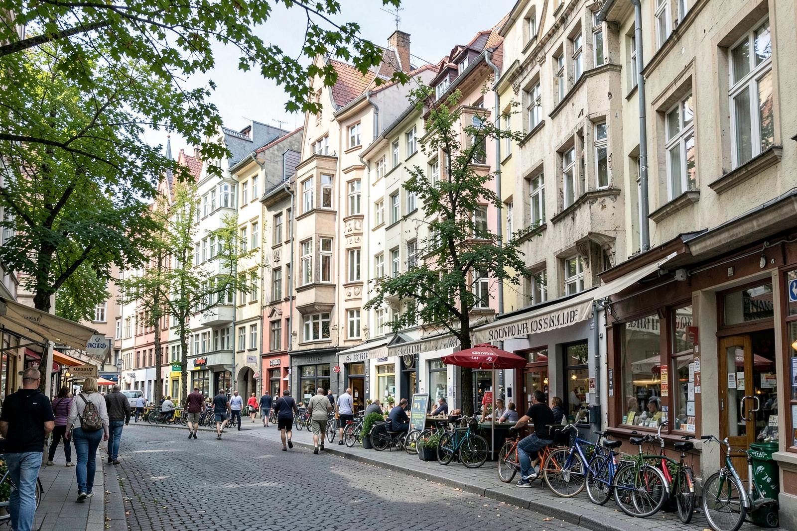 Belebte Straße in Nürnberg-Gostenhof mit Gründerzeithäusern, Läden und Bäumen